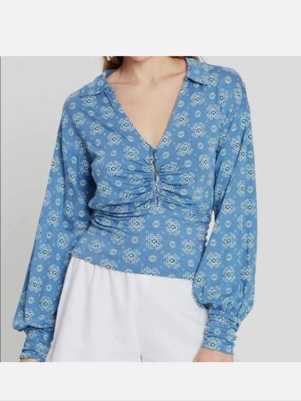 Free People Blue Floral Drapes V-Neck